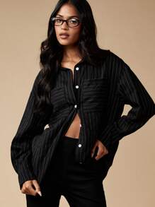 MISSGUIDED 专业细条纹纽扣衬衫长袖翻领办公室工作上衣商务休闲秋冬超大衬衫常规版型黑色 - 黑與白 - 查看 6