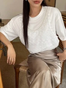 DAZY 宽松蕾丝拼布亮片无袖夏季女士T恤，休闲简约 - 白色 - 查看 6