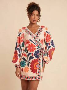 Travachic Women's Casual Floral Print Tie-Front Mini Wrap Dress, Resort Wear,Fall Women Clothes,Fall Clothes,Wrap Dress,Vacation,Homecoming Dress - Apricot - View 6