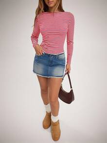 SHEIN Forever 21 Women's Striped Boatneck Long Sleeve Slim Fit Casual T-Shirt - Red - View 4
