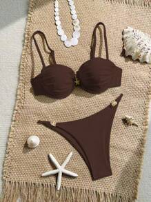 Swim Chiccia 纯色钢圈聚拢褶饰可调节肩带比基尼上衣和泳裤女式夏季海滩度假两件套泳衣套装 - 咖啡棕 - 查看 1