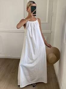 Livesso Đầm maxi nữ màu trơn ôm sát, không tay, thắt lưng, đính hạt cườm, kiểu dáng thanh lịch mùa thu hè, thích hợp cho nữ. - trắng - Xem 1
