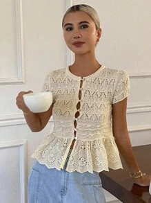 DAZY Suéter de punto casual de cuello redondo de manga corta con ajuste ceñido, dobladillo de encaje de unicolor y parches, para vacaciones, otoño - Beis - Ver 5