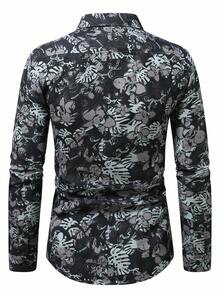 Manfinity Homme 男士花卉和热带植物印花单排扣休闲长袖衬衫，秋季 - 彩色 - 查看 2