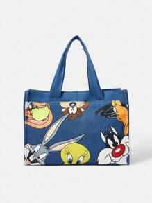 LOONEY TUNES X SHEIN 卡通动物印花蓝色时尚单肩包、健身包 - 霧霾藍 - 查看 3