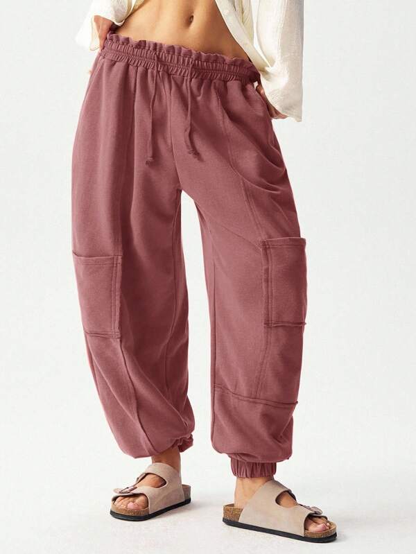 Bohemela Pantalones deportivos de mujer de punto sólidos y holgados con cordón