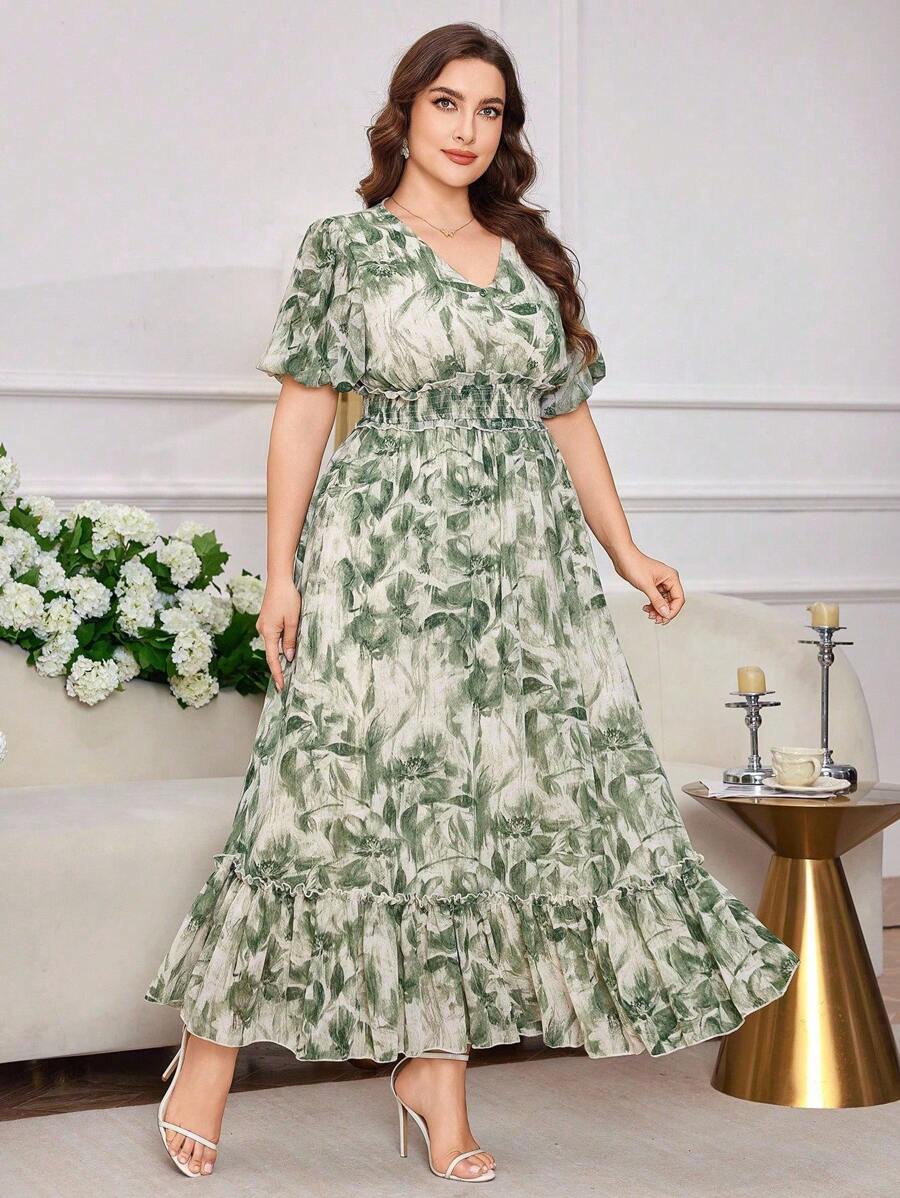 Modelyn 大码女式时尚优雅印花束腰喇叭裙 - 綠色 - 查看 1