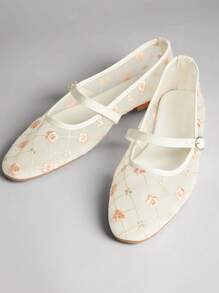 SHUZIA 魅力女士白色刺绣网眼玛丽珍平底鞋复古风多花芭蕾舞鞋带系带假日趣味舒适