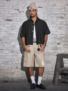 AXEPEAK Men's Numeric Pattern Striped Single-Breasted Casual Denim Short Sleeve Top - Black - View 5