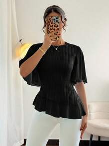 Elenzga 优雅女士纯色纹理条纹荷叶边袖子收腰衬衫