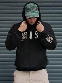 DAZY Letter Embroidered Street Style Men's Hoodie, Autumn - Black - View 6