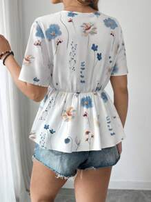 SHEIN LUNE Plus Size Women V-Neck Floral Ruffle Trim Short Sleeve Tie Waist Floral Vacation Romantic Elegant Blouse