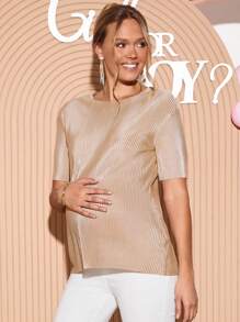 Loomaby 孕妇纯色圆领短袖休闲宽松T恤 - 卡其色 - 查看 5