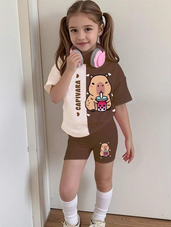 Toddler Girls' Casual Fashion Creative Car Pilla Mix-And-Match Colorblock Cute Cartoon Printed Top And Bike Shorts Set