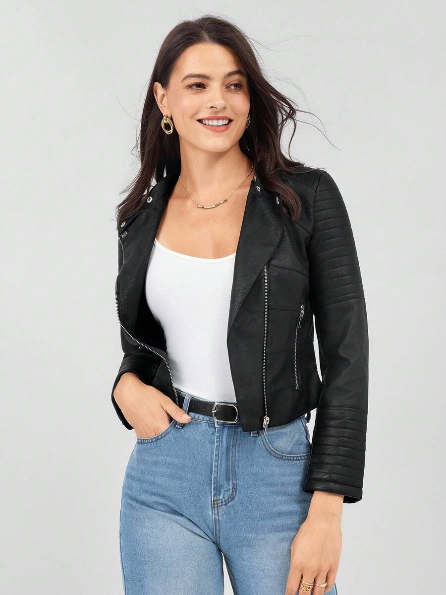 Miaspire Zip Up Pu Moto Jacket - Black - View 1