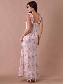 Enchnt 夏秋季浪漫女士粉色印花荷叶边露肩心形领无袖鱼尾长裙 - 彩色 - 查看 7