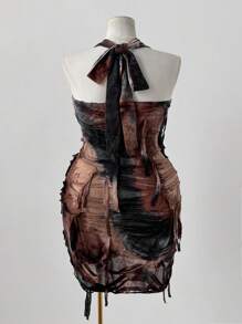 Sunspun Vestido mini corto y ajustado de talle ceñido con efecto tie-dye, sin mangas, con espalda de tirantes, sexy y elegante para tallas grandes - Marrón Chocolate - Ver 3