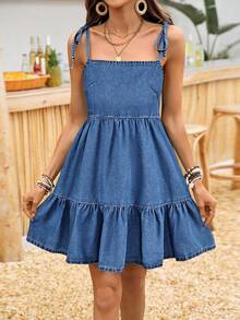EMERY ROSE Women's Casual Denim Cami Dress With Ruffled Hem, Summer - Dark Wash - View 4