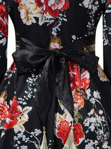 Irokai Floral Print Overlap V-Neck Flare Sleeve  Yukata Kimono/Robe (Without Fan)