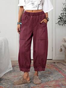 EMERY ROSE 女士休闲水洗复古灯笼裤牛仔裤女休闲裤松紧腰裤女式口袋灯笼裤七分裤 - 紅色 - 查看 3