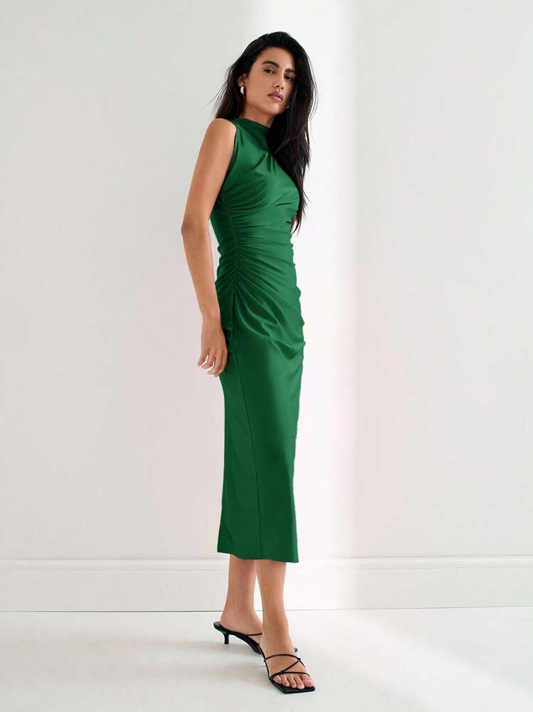 Maija Đầm ôm body thiết kế bất đối xứng xếp ly màu trơn dành cho nữ, Đầm dự tiệc cocktail sinh nhật phong cách tối giản, thanh lịch, phong cách cổ điển - Màu xanh lá cây đậm - Xem 6