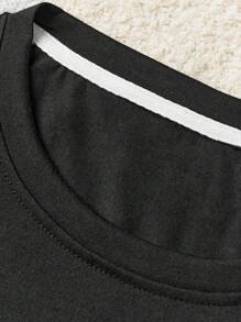 SHEIN 少女字母印花短袖上衣和心形图案长裤睡衣套装 - 黑色 - 查看 4