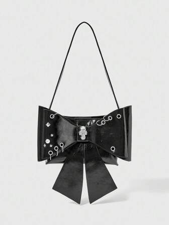 Grunge Punk Sac à l'épaule de style mode punk pour femmes avec décoration de crâne, rivets, œillets et nœud papillon
