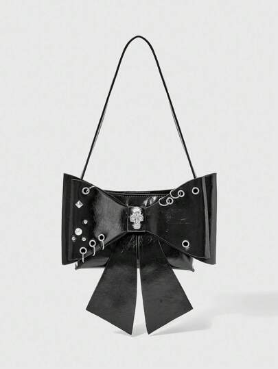 Grunge Punk Borsa a spalla da donna in stile punk alla moda con decorazione teschio, rivetti, occhielli e fiocco