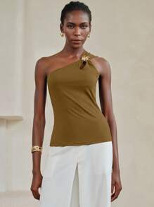 Arave 女士夏季卡其色镂空金属扣装饰吊带背心上衣，单肩上衣，女士金色上衣，女士正装上衣，3D花朵上衣，女士优雅上衣 - 橄欖綠 - 查看 5