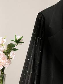 Modelyn Plus Size Sequin Chiffon Puff Sleeve Patchwork Fitted Blazer, Elegant Office Commuter Fashion Fall Cloth For Women - Black - View 4