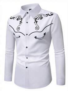 Manfinity Nomadique Camicia casual a maniche lunghe con stampa floreale monopetto in stile western per uomo, camicia western, camicia da cowboy, camicia da uomo western, camicia da rodeo per uomo, camicia da cowboy, camicia da uomo western, camicia bianca da uomo con grafica, autunnale