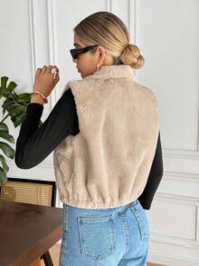 Serisse 女式纯色前拉链休闲背心，配人造毛皮 - 杏色 - 查看 2