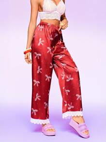 Notgurli Women's Bow & Polka Dot Print Contrast Lace Pajama Pants, Loungewear Bottom - Burgundy - View 5