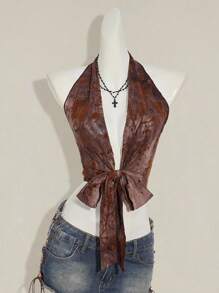 SHEIN ICON 女士性感花卉印花露背金属环吊带背心系带上衣秋季女装 - 咖啡棕 - 查看 8