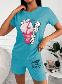 EURMUSE Cotton Cartoon & Slogan Graphic PJ Set - Teal Blue - View 6