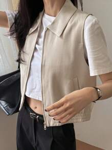 DAZY Women's Casual Plain Collared Sleeveless Zip-Up Top - Beige - View 4