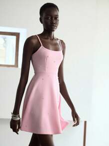 Lumivelle Women's Solid Color Mesh Ruffle A-Line Slip Dress - Pink - View 5