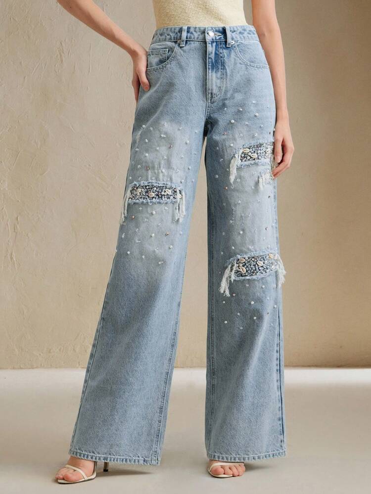 Distressed Faux Pearl Decorated Pockets Straight Leg Casual Jeans
