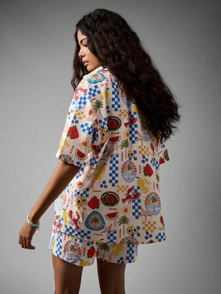 Tropical Print Shirt And Shorts Set With Paradise Pattern
