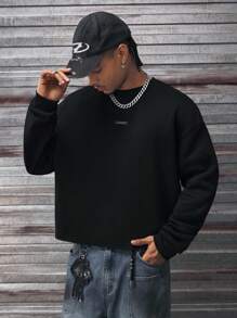 AXEPEAK 男士数字图案圆领插肩长袖休闲套头衫，适合秋冬 - 黑色 - 查看 2