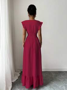 Breezaya Solid Ruffle Hem Dress Burgundy Maxi Vacation Beach Outfits Women - Burgundy - View 3