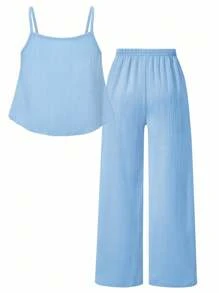 SHEIN Sparklyn Tween Girl 纹理荷叶边吊带上衣和宽松阔腿裤两件套夏季套装休闲甜美，适合日常通勤、度假、街拍、春夏季