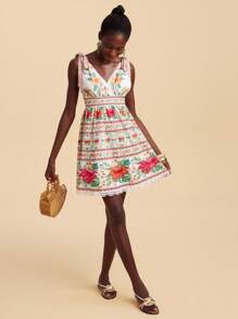 Travachic Vacation Woven Floral Print V-Neck Bodycon Mini Dress For Women,Summer Outfits For Women,Beachwear,Spring And Summer,Easter,Holiday Outfits,Beach Outfits For Woman,Spring Break,Vacation Outfits Women,Concert Outfit Women,BOHO,Bohemia,Music Festival,Tropical Vacation Woman Clothes,Romantic,Going Out Tops,Date Night Outfits Women,All Women Clothes,Fall Clothes ,Autumn - Multicolor - View 7