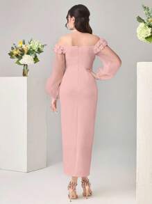 Modelyn 女士露肩优雅纯色3D花卉装饰连衣裙 - 粉色 - 查看 2