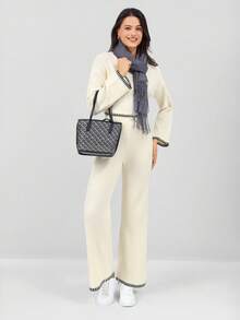 Miaspire 2pcs Women Casual Sweater Set With Contrast Trim Round Neck Long Sleeve Top And Pants - Apricot - View 7