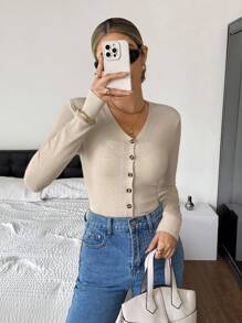 SHEIN Frenchy Cárdigan casual de manga larga de un solo abotonamiento de unicolor para uso diario, blusas de manga larga para mujer