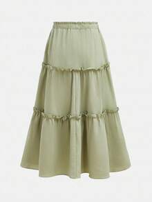 Girlism 少女绿色荷叶边裙波西米亚长裙打破纸袋腰部荷叶边装饰荷叶边下摆裙