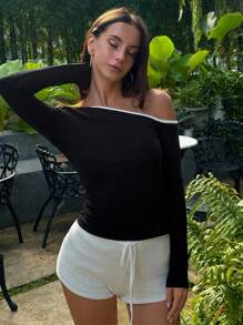 DAZY 女士斜肩拼色紧身T恤长袖女式上衣