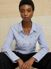 Aveloria Modichic Áo sơ mi dài tay họa tiết sọc đính đá thủ công đa năng phong cách Âu Mỹ dành cho nữ, Đầm mùa hè cho nữ, Đầm suông cho nữ, Thích hợp cho Lễ hội nhạc đồng quê, Kỳ nghỉ bãi biển, Câu lạc bộ giáo viên, Dễ thương - Nhiều màu - Xem 5