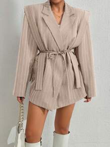 EURMUSE 小码女式白色条纹休闲西装外套 - 米色 - 查看 7